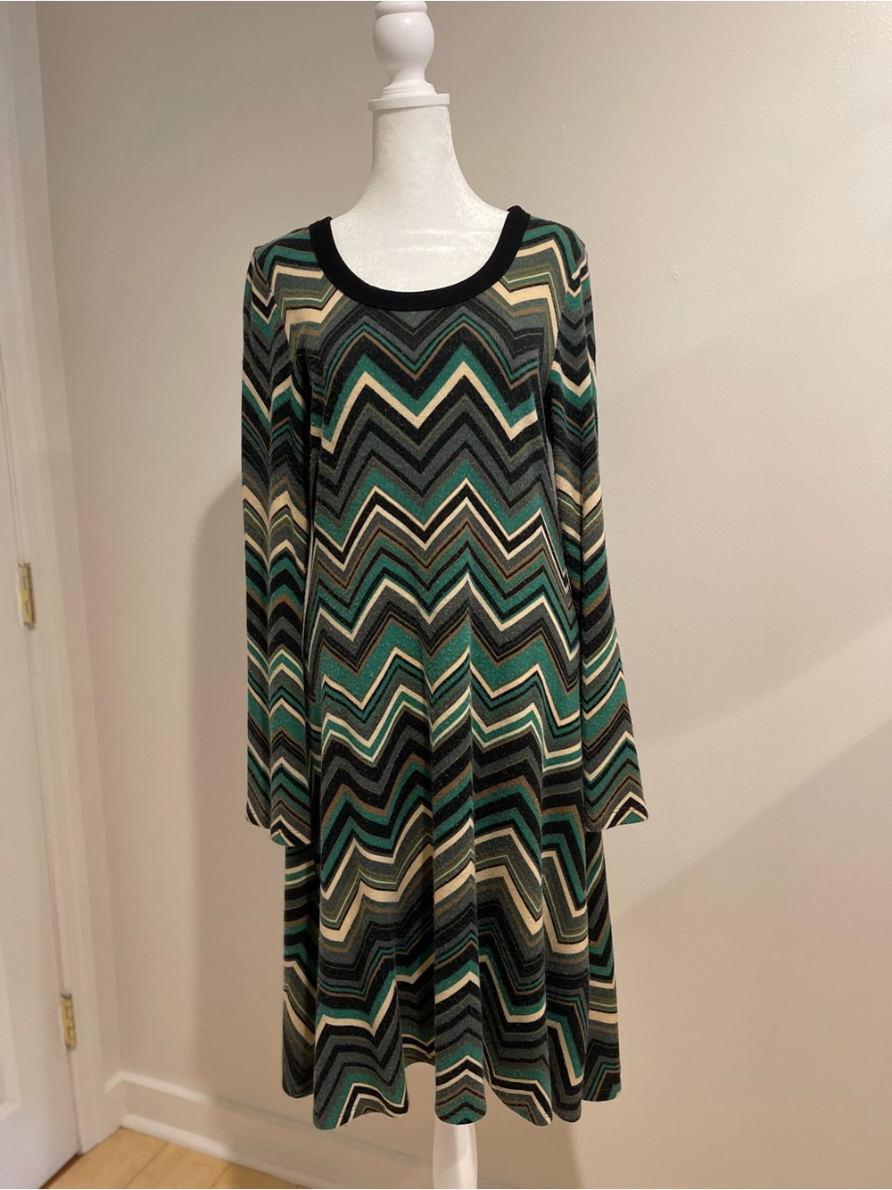 Womens Chevron Knit Swing Dress in Teal and Black